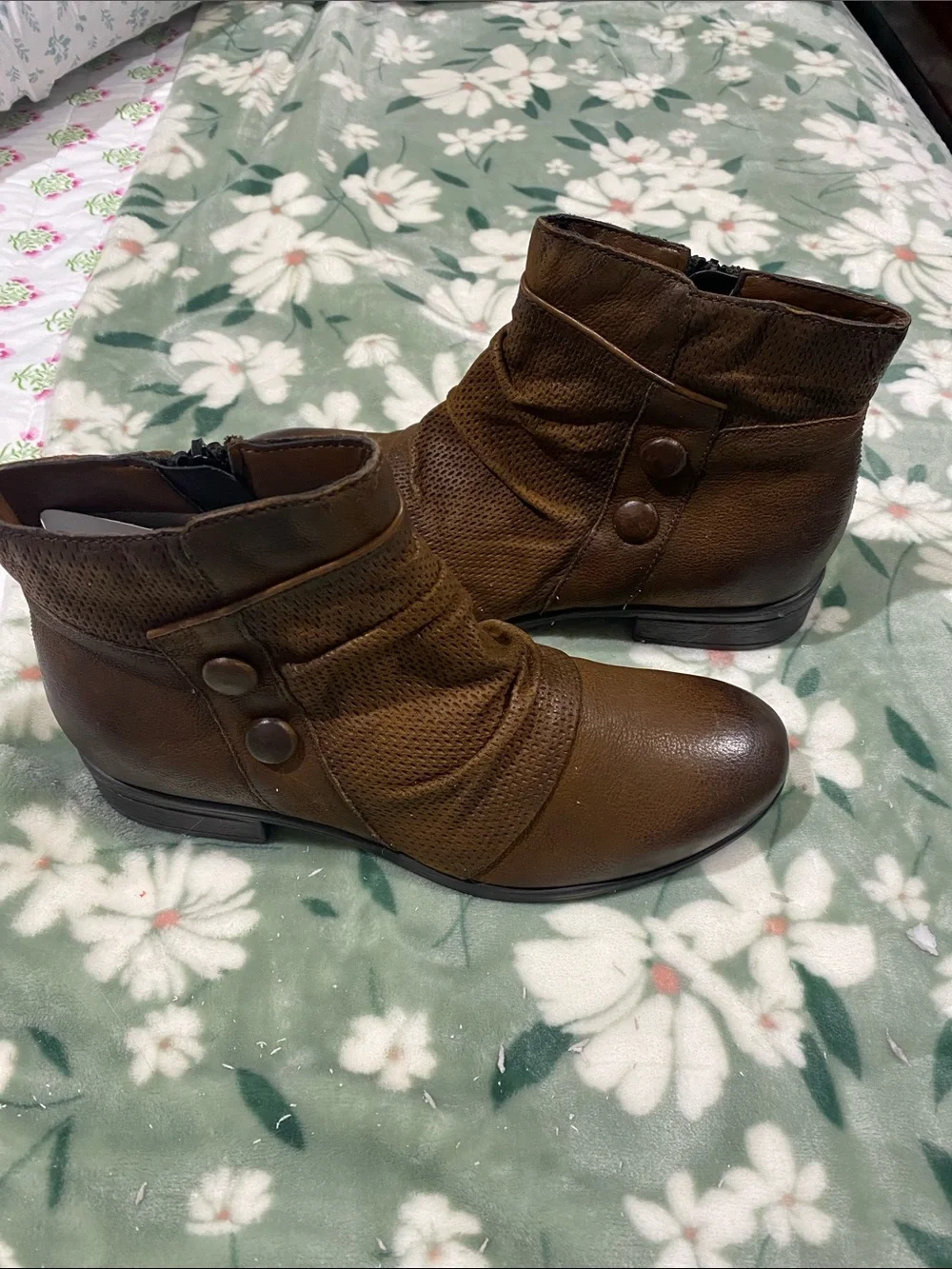 Miz Mooz Brown Leather Ankle Booties with Decorative Buttons